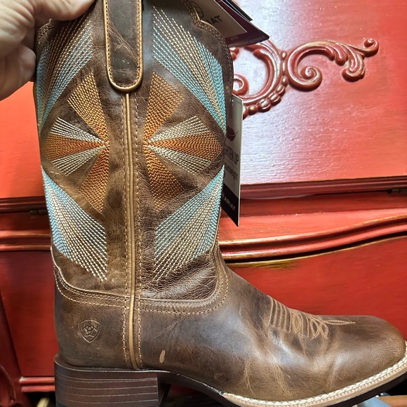 Ariat Shoes - Ariat Brown Leather Boots with Blue and Orange Design